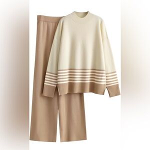 Cream and Tan Striped Lounge Set